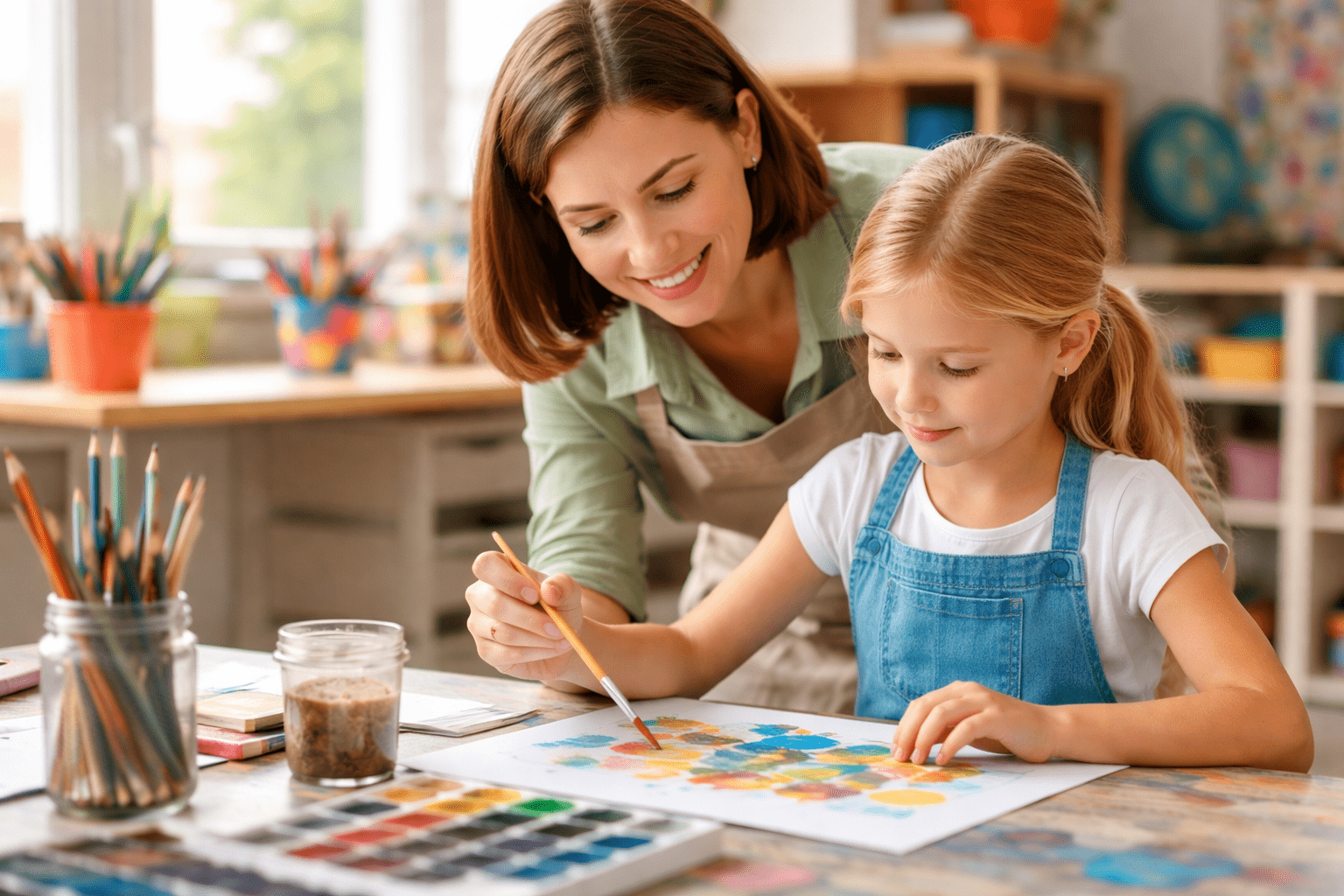 Art teacher guiding a young student while painting with watercolor at a classroom table