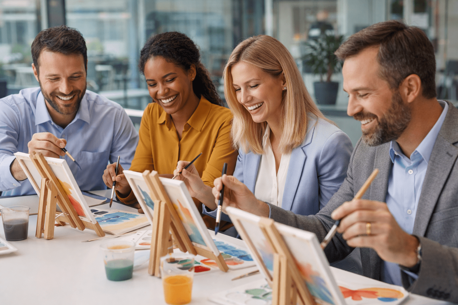 Corporate team building art activity with adults painting on small canvases together