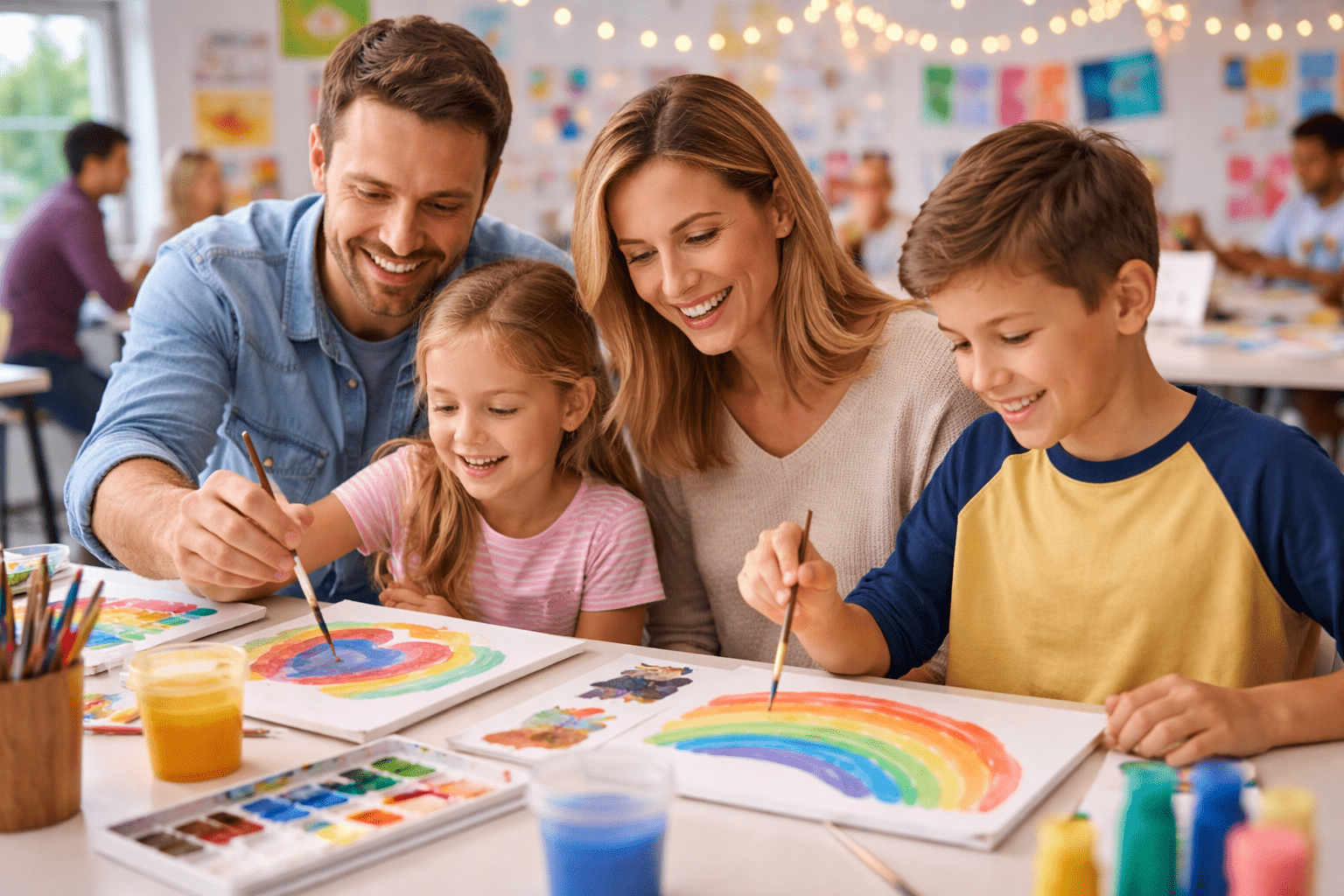 Parents and children painting together during a family art activity session