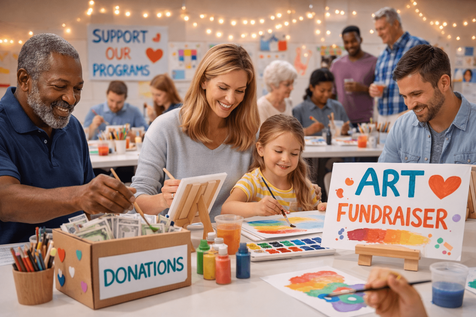 Community fundraiser art event with children and adults painting together at a table