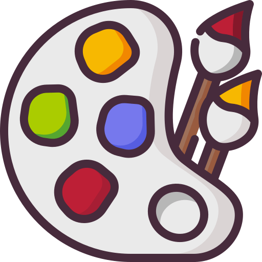 Artist palette with colorful paint and brushes icon